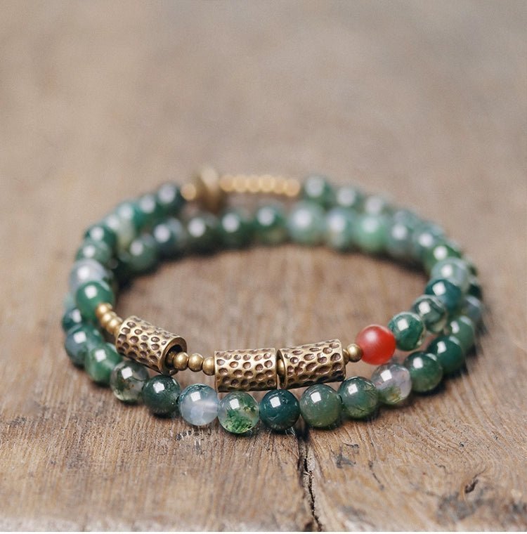Double-Layer Moss Agate Beaded Bracelet with Brass Accents – Women's Grounding & Growth Bracelet