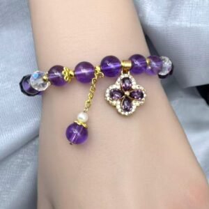 Purple Crystal Four-Leaf Clover Pendant Bracelet